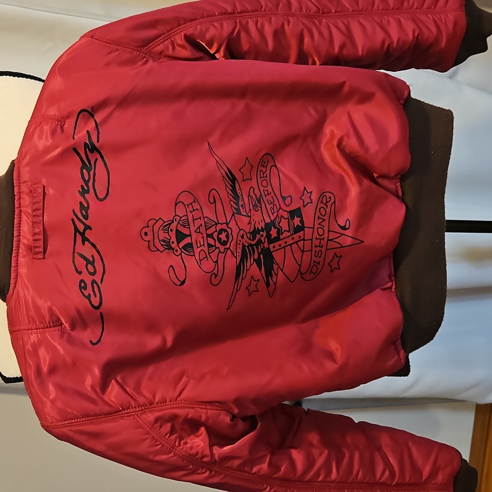Rare Y2K Ed Hardy 2000s Zip Up Reversible Bomber Brown and Pink Jacket - Picture 11 of 11